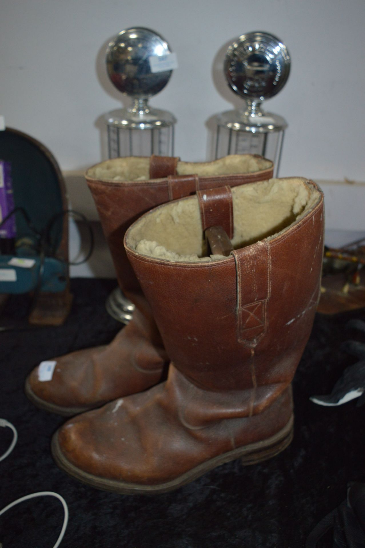 Pair of Brown Leather Fur Lined 1930's Boots Size: