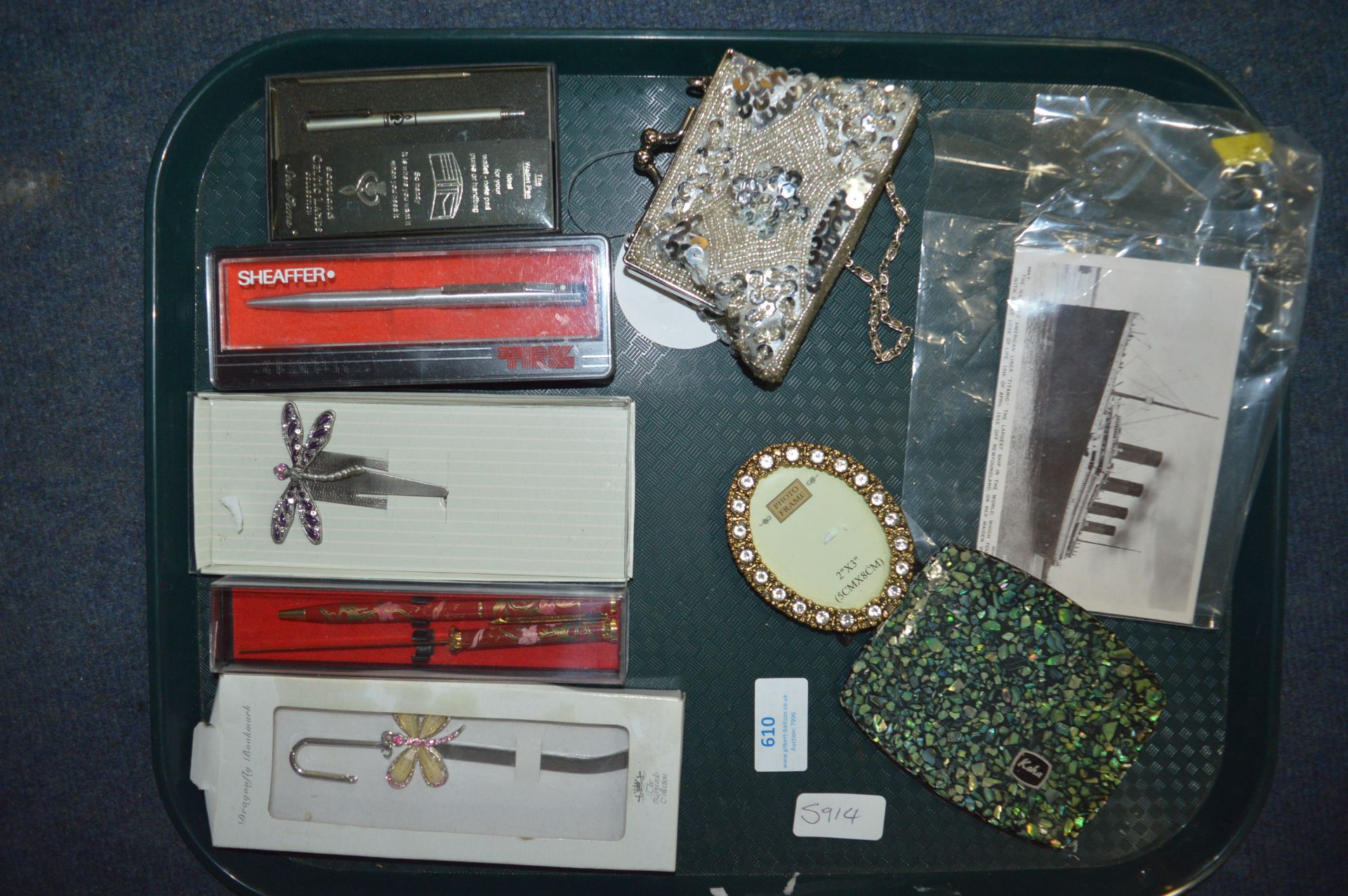 Tray Lot; Bookmarks, Pens, Sequin Purse, etc.