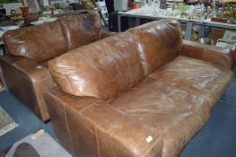 Pair of Brown Leather Chunky Arm Sofas