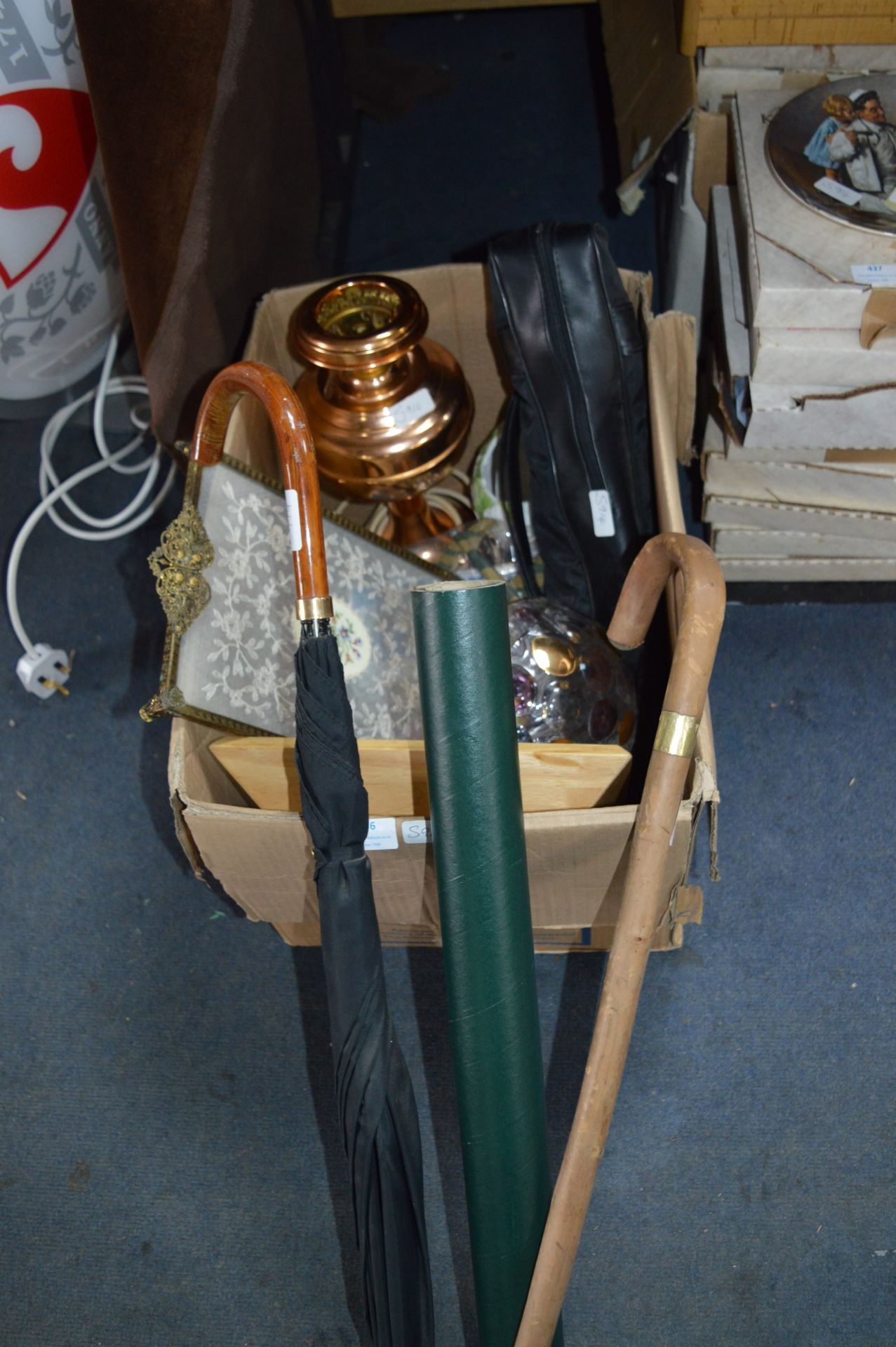 Box Containing Copper Oil Lamp, Dressing Table Tra