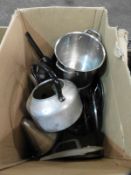 *Box Containing Stainless Steel Teapot, Pans, Coni