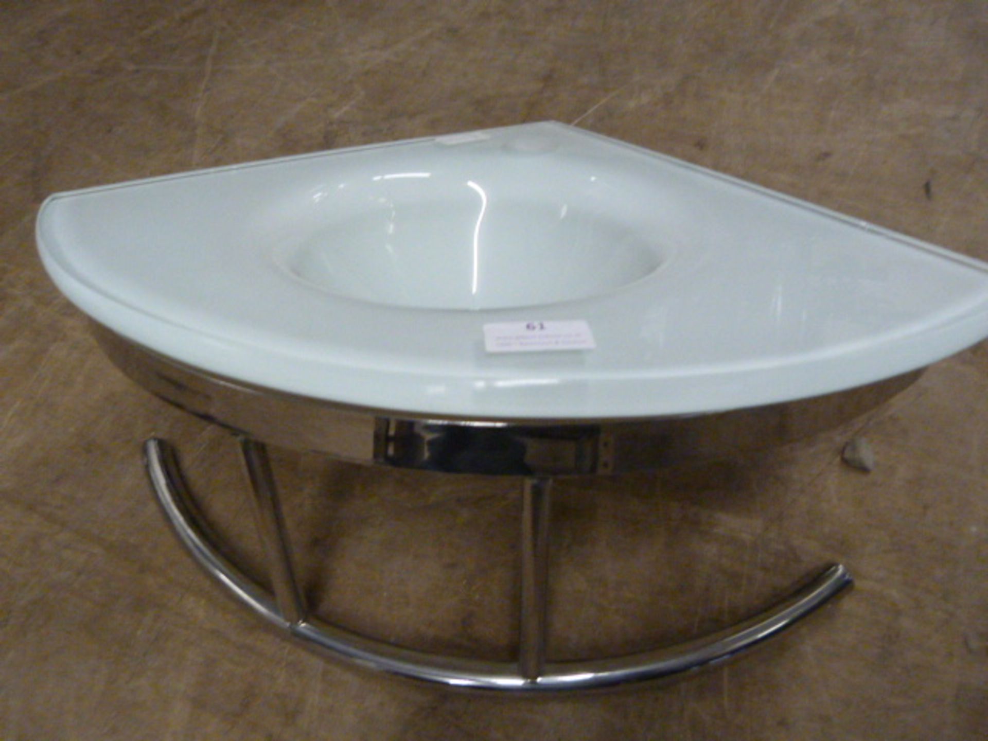 *Small White Glass Corner Sink with Chrome Bracket