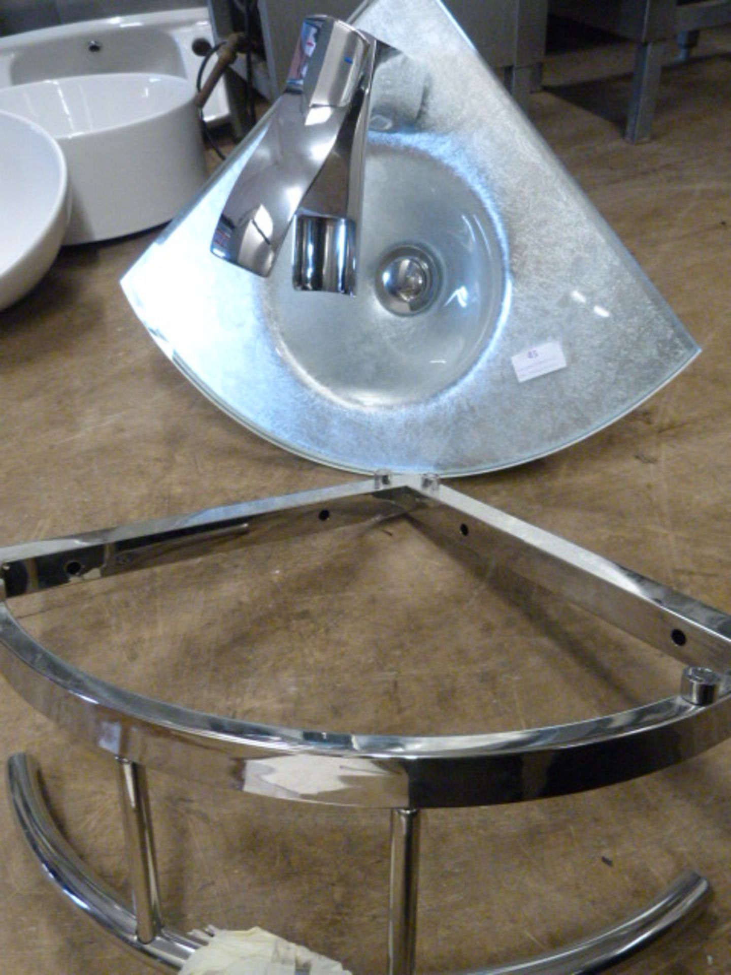 *Small Silver Glass Corner Sink with, Waste, Tap a