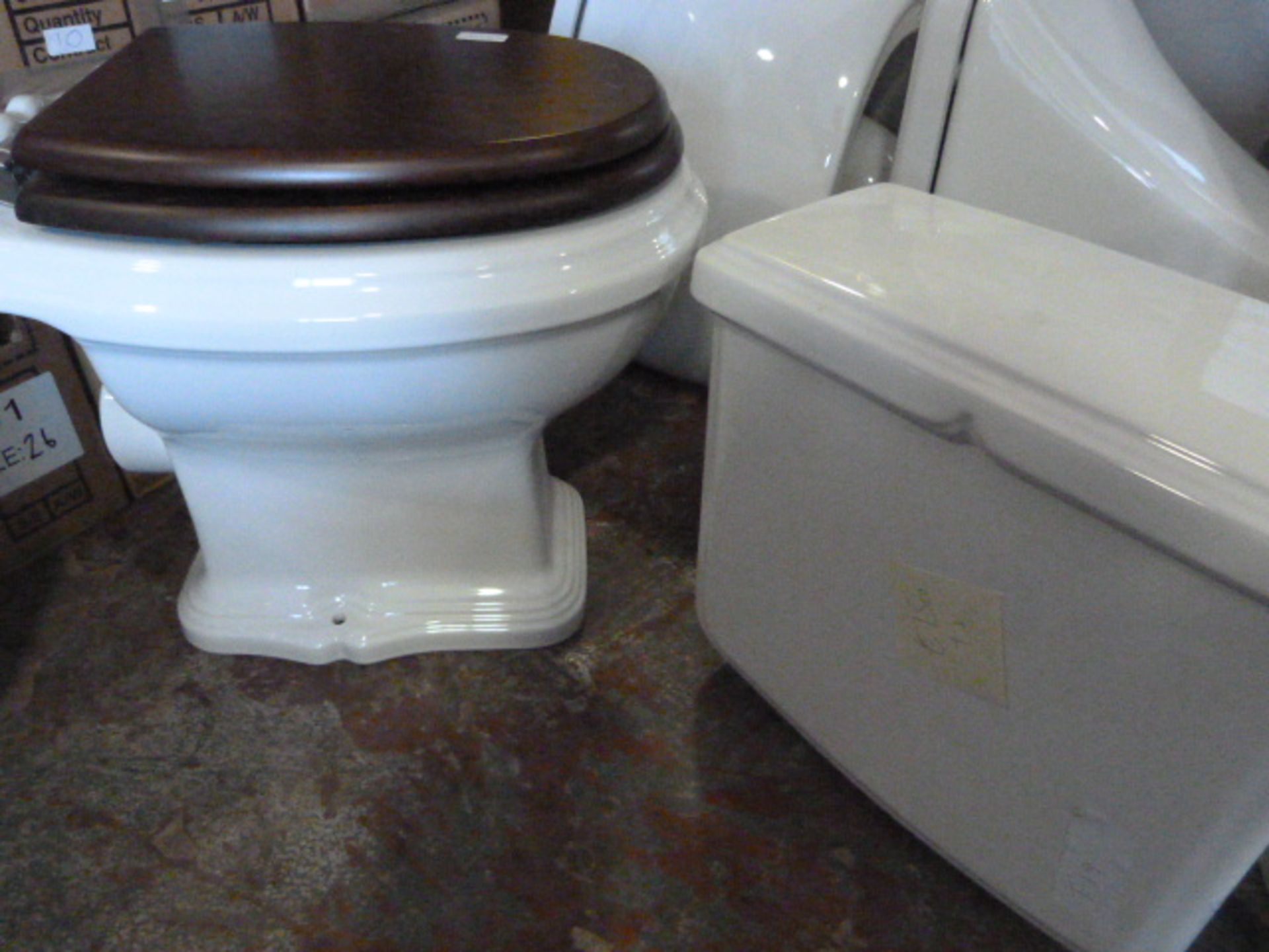 *Floor Mounted Toilet with Dark Oak Seat and High