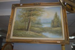Gilt Framed Oil on Canvas - Lakeside Woodland Scen
