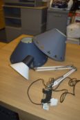 White Anglepoise Lamp with G-Clamp Base and Two Blue Lamp Shades