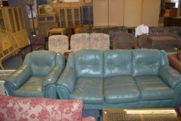 Three Seat Green Leather Sofa and an Armchair