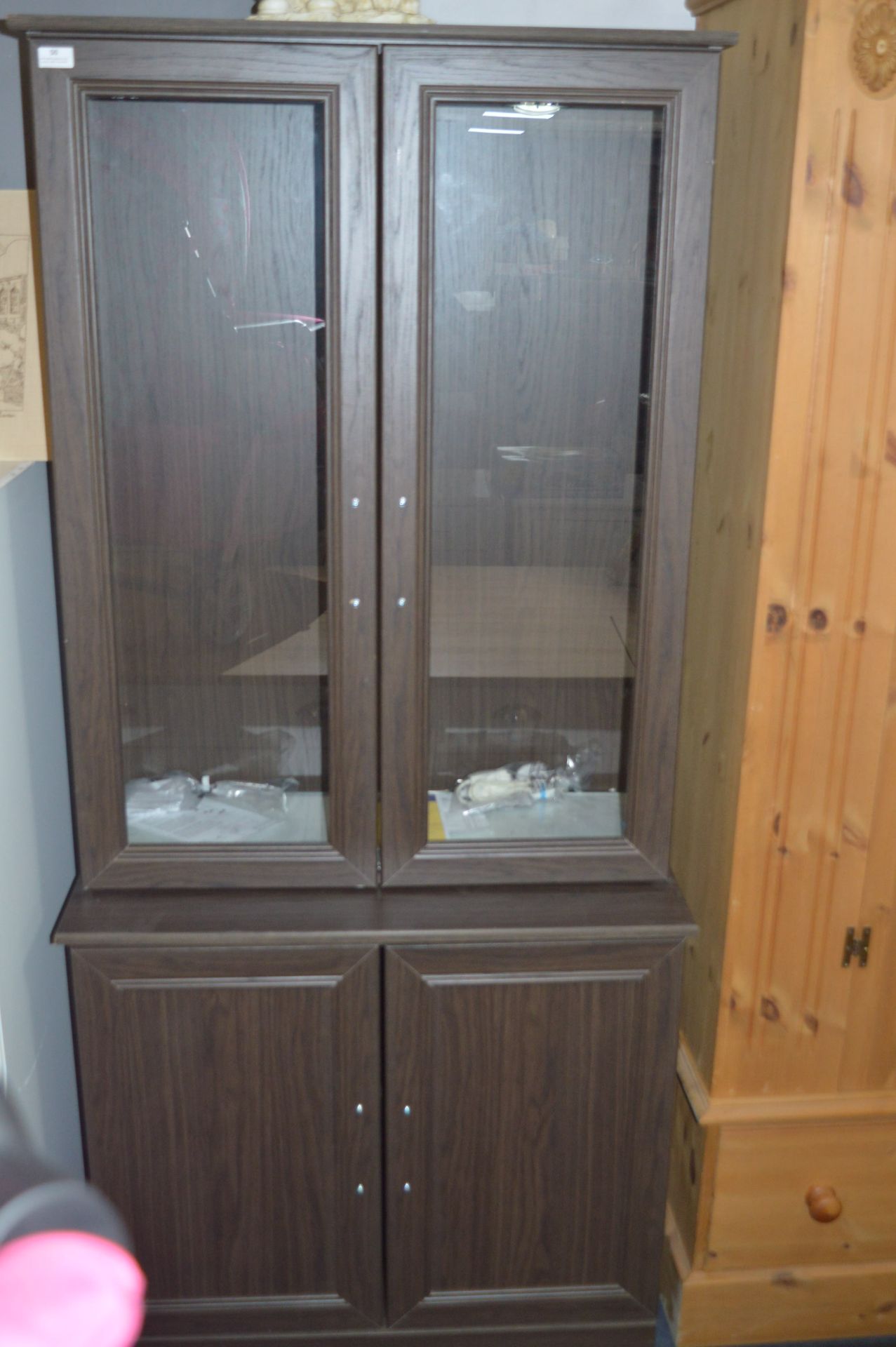 *Glazed Wall Unit over Cupboard in Dark Oak Finish