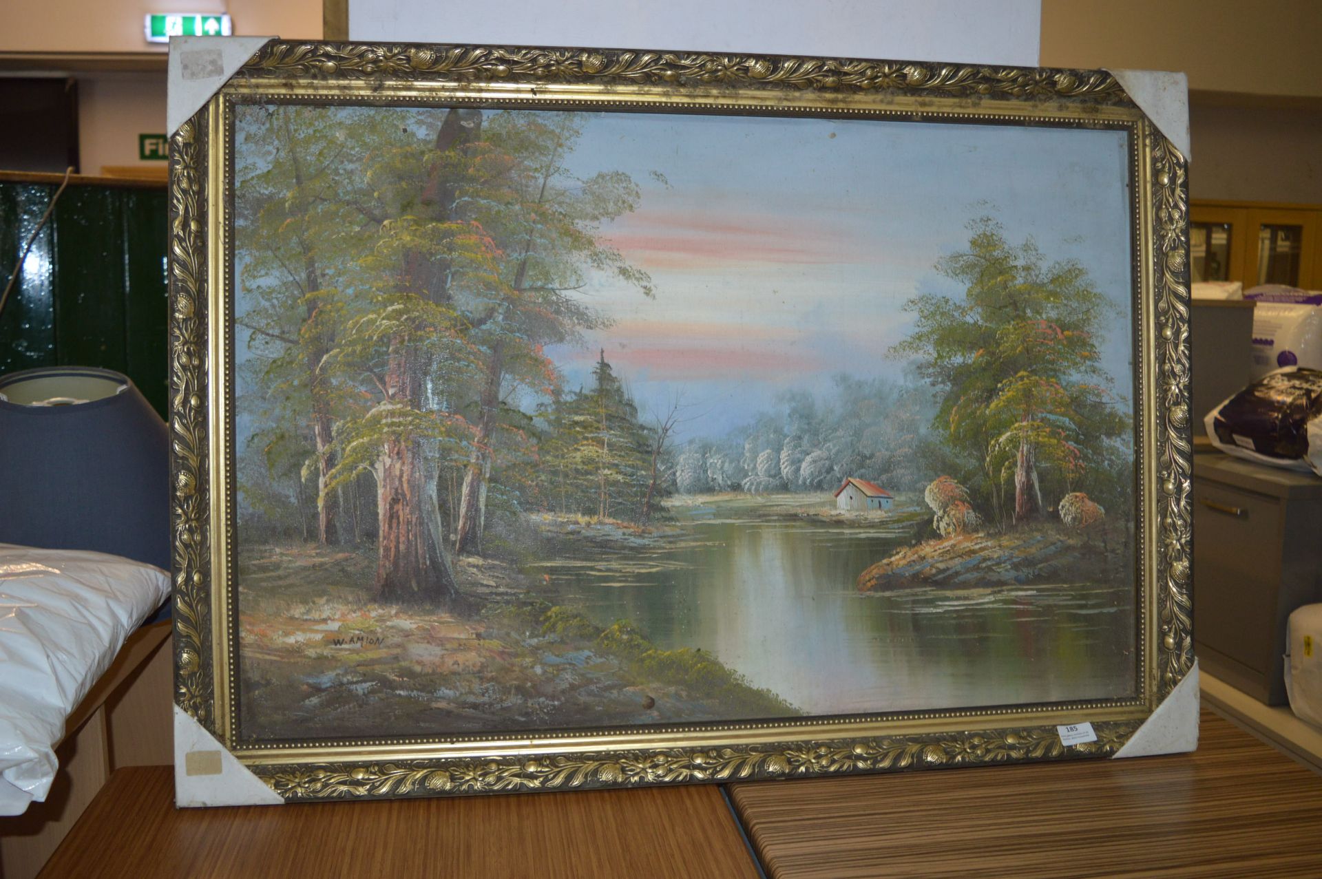 Gilt Framed Oil on Board - Riverside Woodland Scen