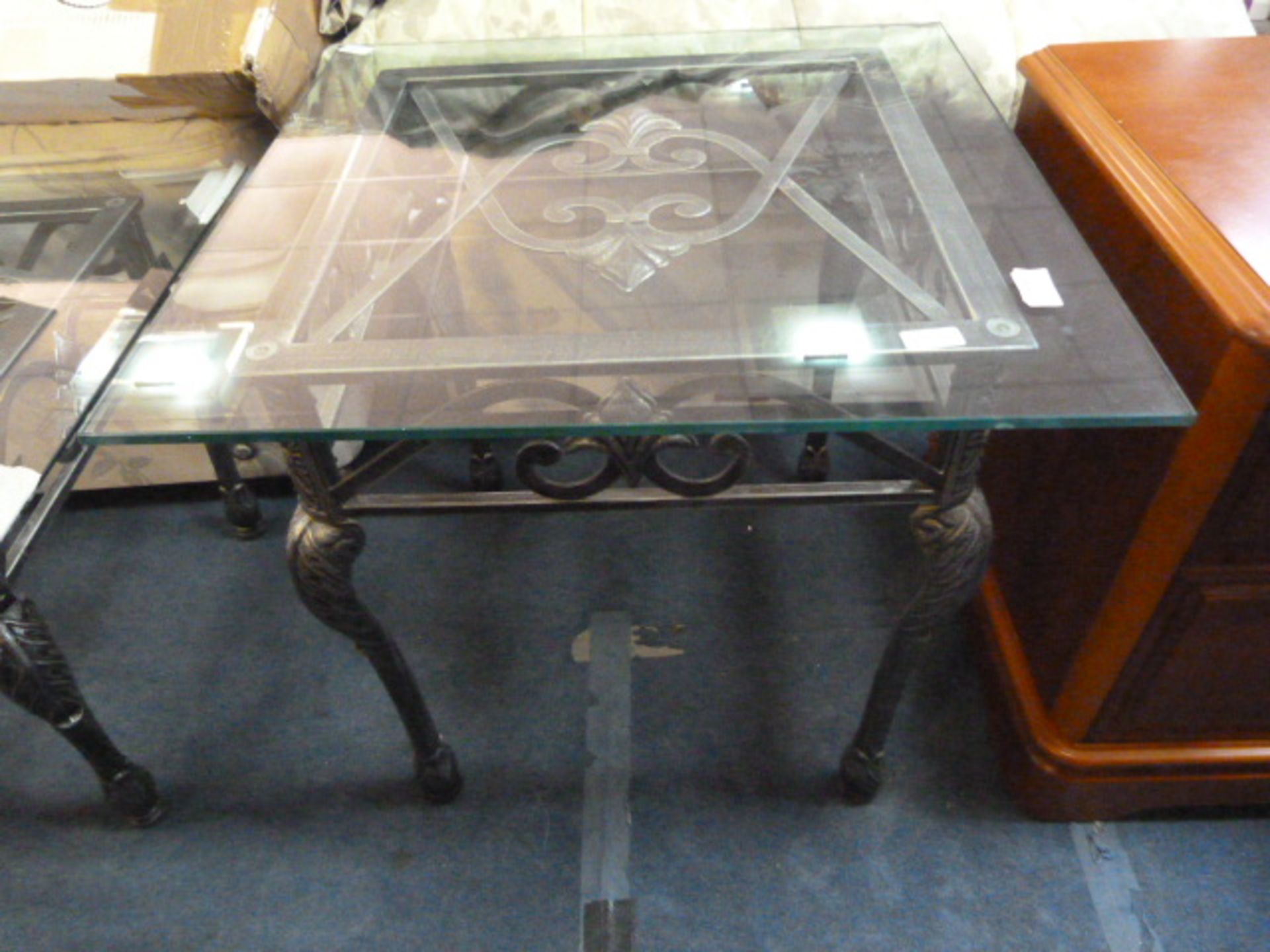 Glass Topped Side Table on Wrought Iron Base