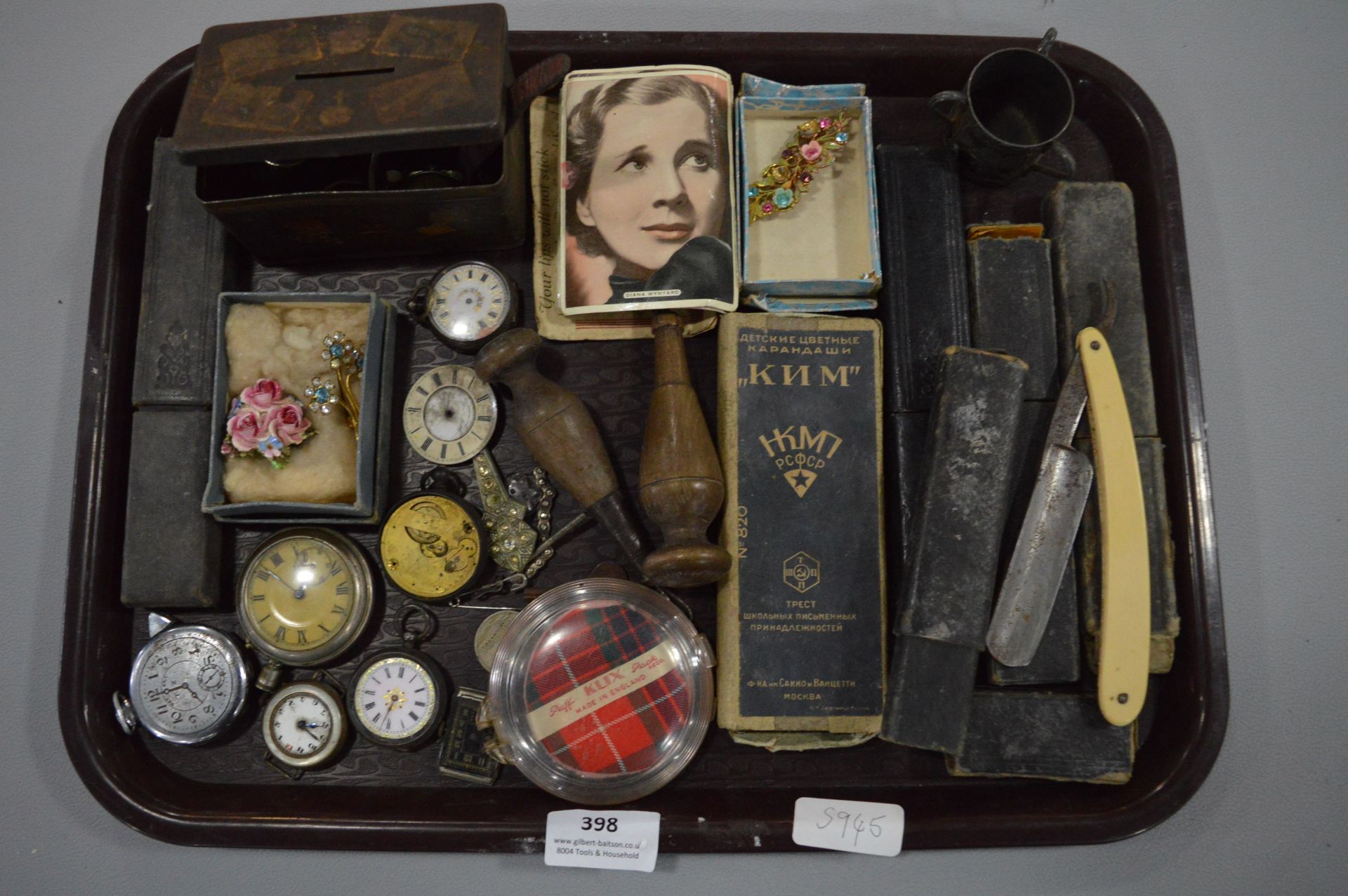 Tray Lot of Assorted Collectibles, Pocket Watches,