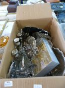 Box Containing Silver Plated Ware, Candlesticks, e