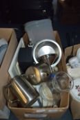 Box of Stainless Steel Kettles, Teapots, Glassware