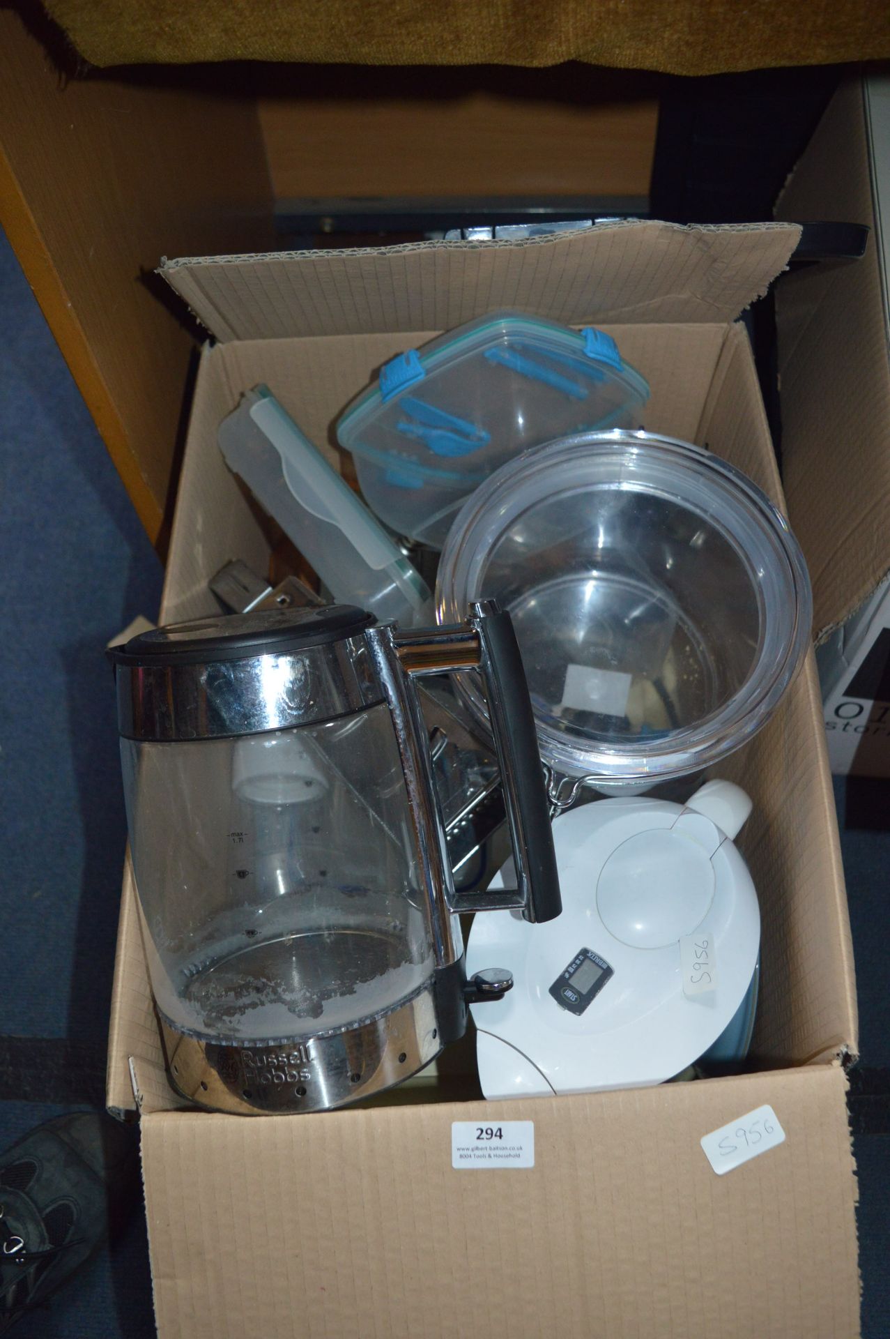 Box of Assorted Kitchenalia Including Kettle, etc.