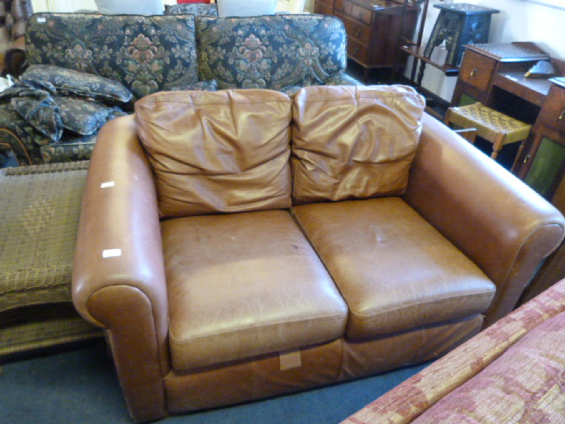 Tan Leather Two Seat Settee