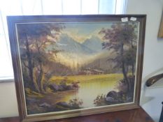 Framed Oil on Canvas - Alpine Scene