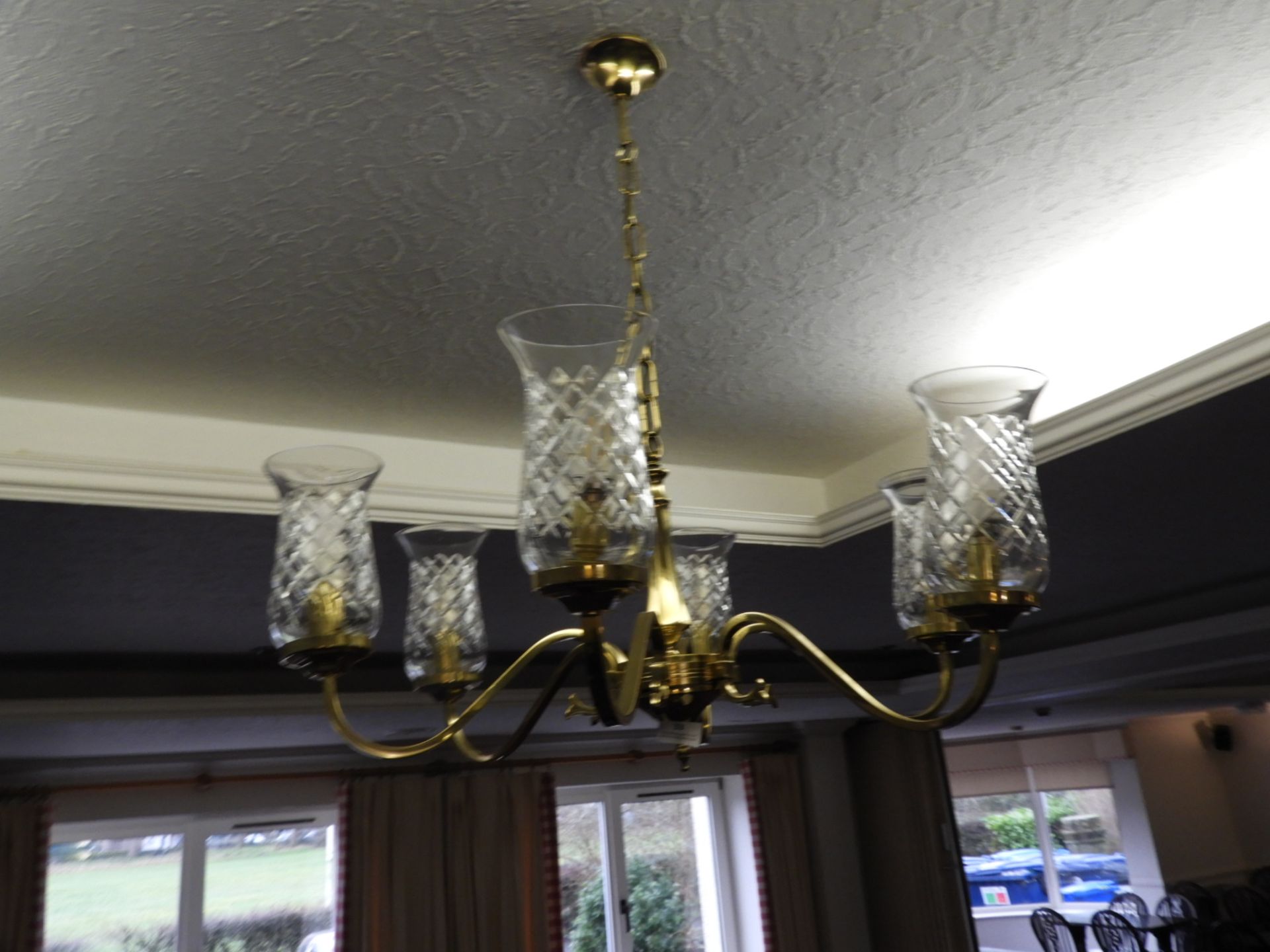 *Brass & Glass Six Branch Chandelier