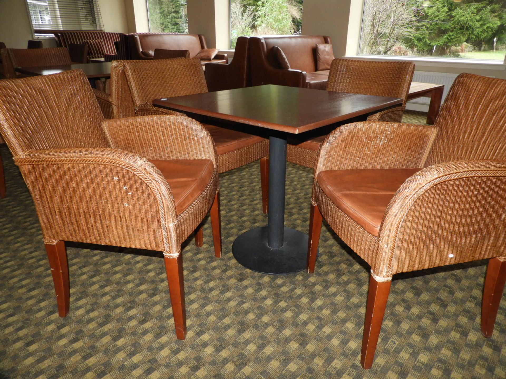 *Set of Four Rattan Dining Chairs with Faux Leathe