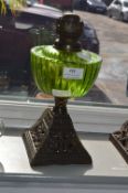 Green Glass & Cast Iron Oil Lamp