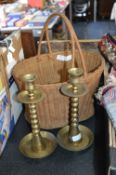 Vintage Basket Containing a Pair of Brass Candlest