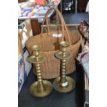 Vintage Basket Containing a Pair of Brass Candlest