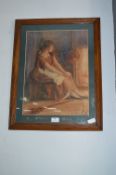 Framed Watercolor by J. Isherwood - Girl by the Fireside 1922