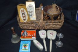Basket Containing Miscellaneous Items; Butterfly Pictures, School Bell, etc.