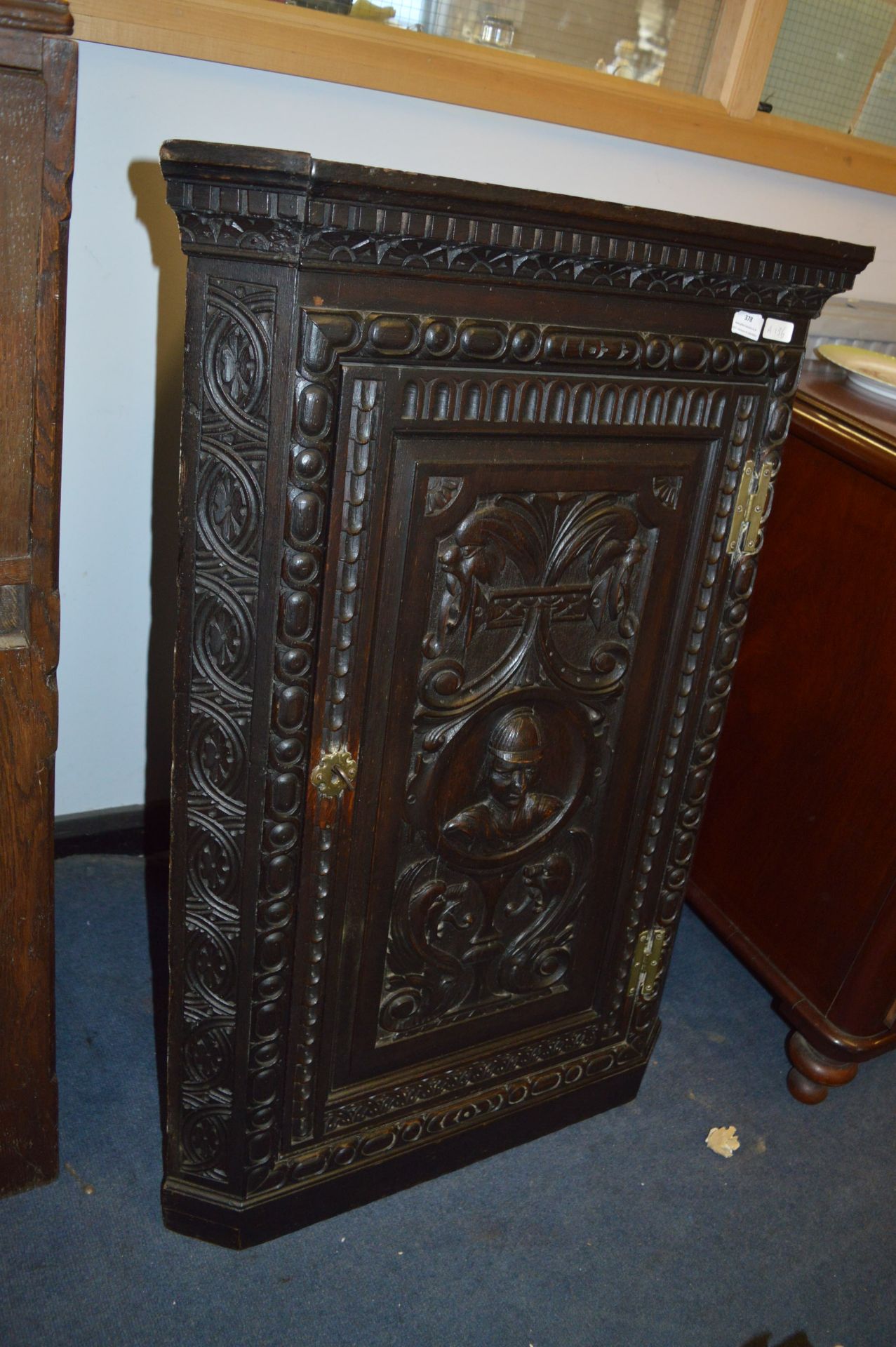 Dark Oak Heavily Carved Corner Cabinet