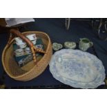 Large Blue & White Meat Plate, and a Basket Containing Royal Worcester and Wedgwood Items