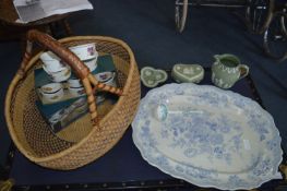 Large Blue & White Meat Plate, and a Basket Containing Royal Worcester and Wedgwood Items