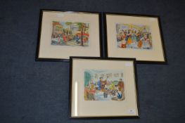 Three Framed Print Signed Gilbert - French Cafe Sc