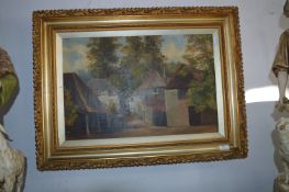 Gilt Framed Oil on Canvas - Country Village Scene