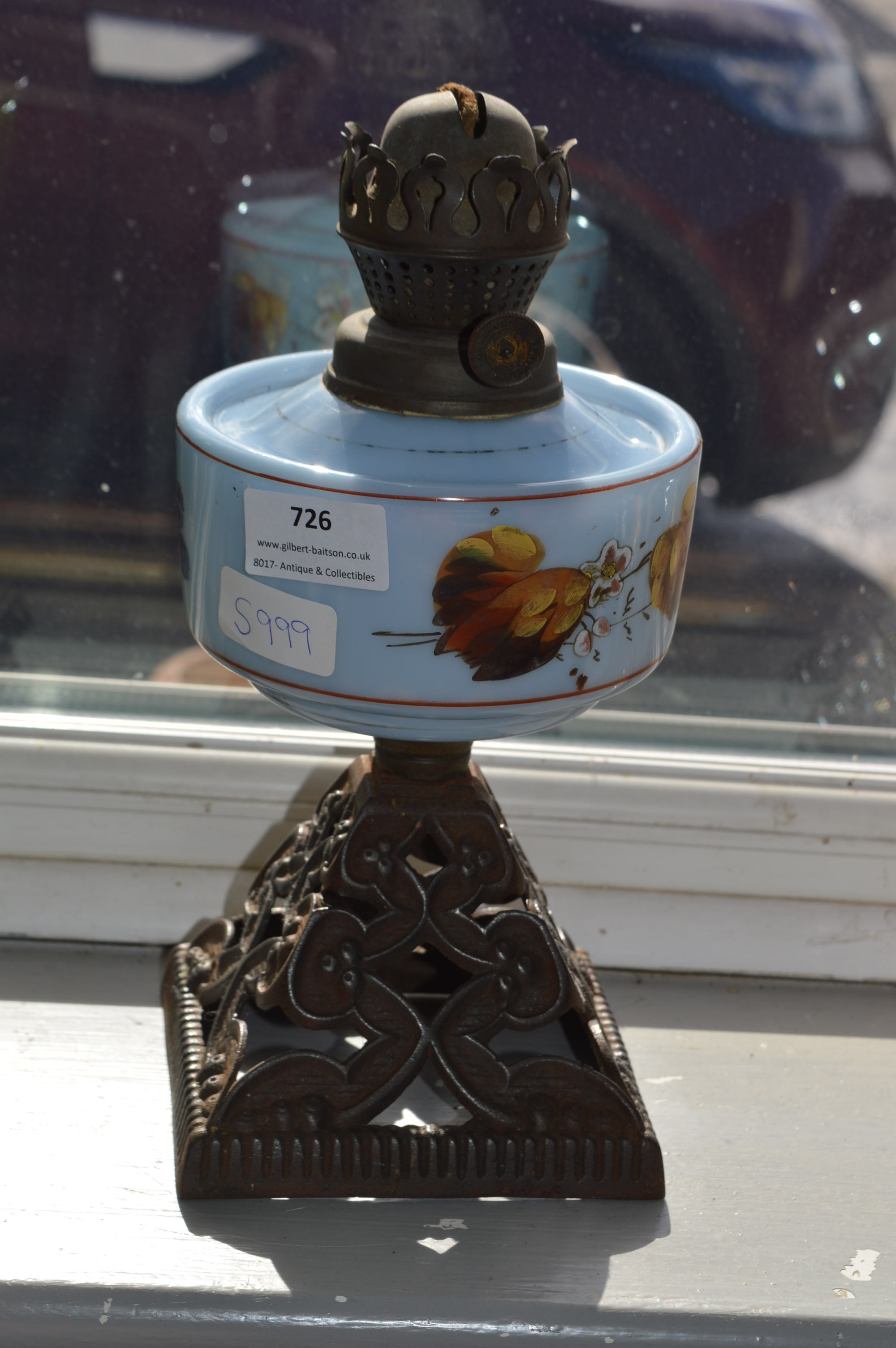 Painted Blue Glass & Cast Iron Oil Lamp