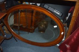 Large Oval Mahogany Framed Inlaid Beveled Edge Mirror