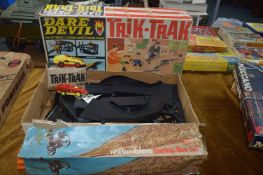 Trick Track Daredevil Car Stunt Game, and a Box of Rumblers, Hot Wheels and Track