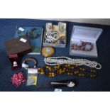 Basket of Costume Jewellery and a Stamp Album