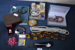 Basket of Costume Jewellery and a Stamp Album