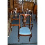 Five Mahogany Dining Chairs with Blue Upholstery