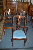 Five Mahogany Dining Chairs with Blue Upholstery