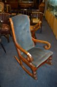 Victorian Mahogany Rocking Chair with Blue Upholst