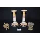 Pair of Decorative China Candlesticks and Other Small Collectibles