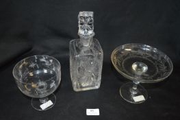 Three Cut Glass Crystal Serving Dishes and a Decanter