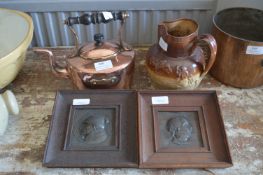 Small Copper Kettle, Royal Doulton Jug and Two Dickens Character Plaques