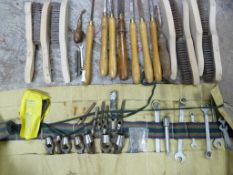 Box of Lathe Chisels, Wood Borers, Wire Brushes, e