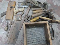 Box of Vintage Tools Including Planes, Chisels, Sa