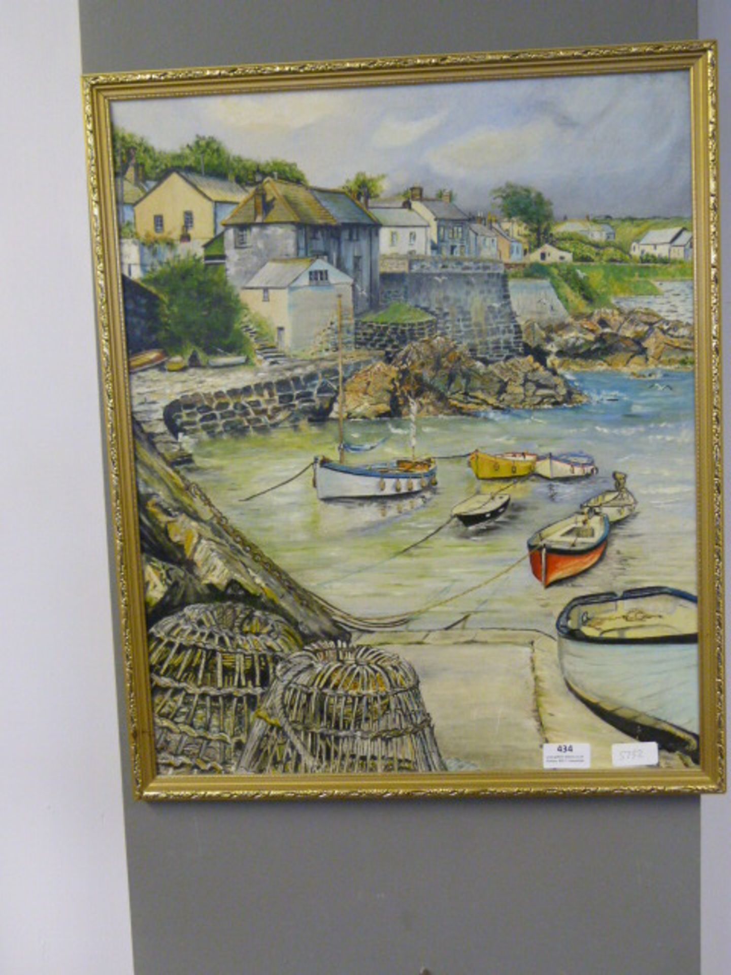 Gilt Framed Oil on Board - Fishing Village