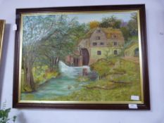 Oil on Board - Water Mill by J. Hiller