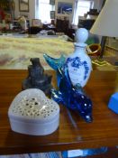 Blue Glass Dolphin, Blue & White Bottle, etc.