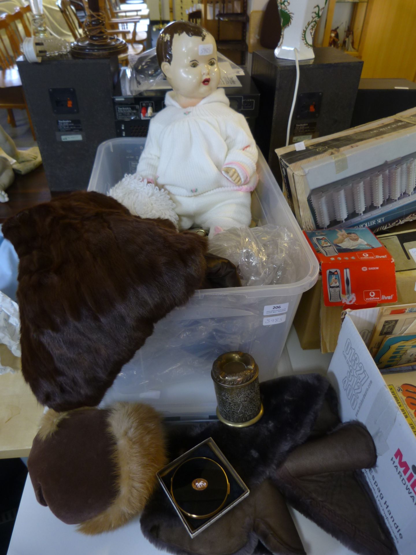 Tub Containing Furs, Handbags and Vintage Doll