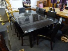 Black Marble Topped Dining Table 83" x 48" with Eight Black Leather Chairs (No Delivery Available)